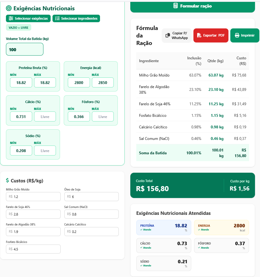 Tela de formulação do AgroForm Pro com o resultado da ração de menor custo